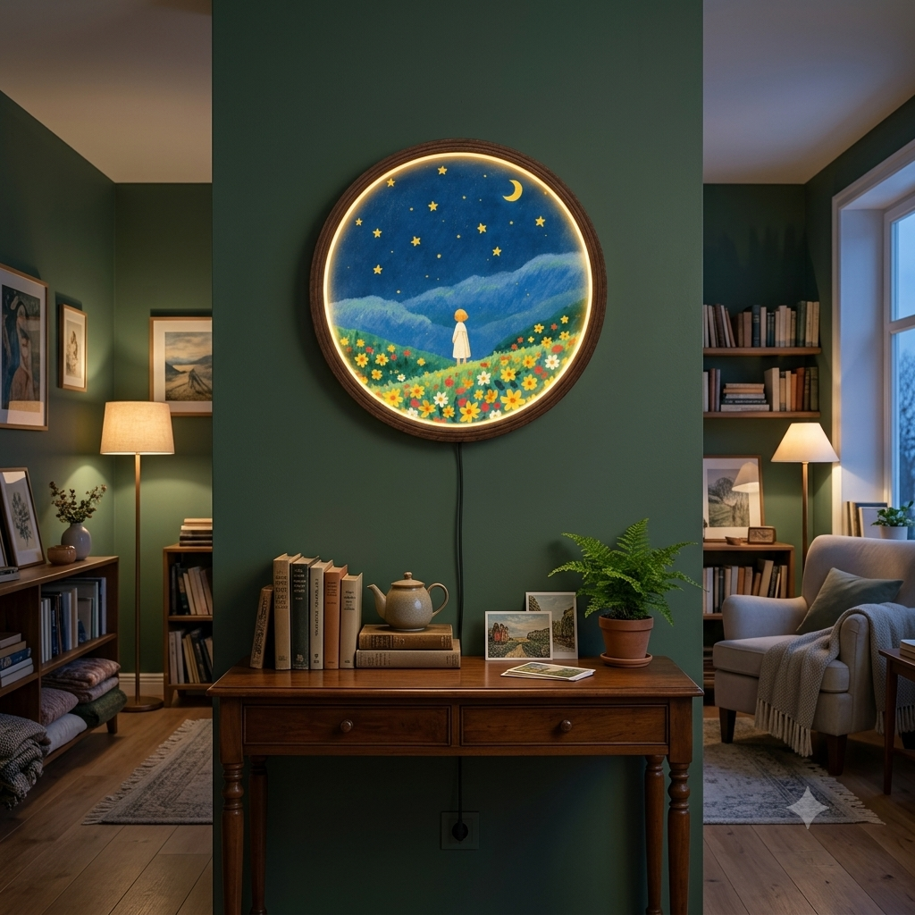 Whimsical Girl in Wildflower Meadow LED Wall Art – Round Illuminated Wall Decor
