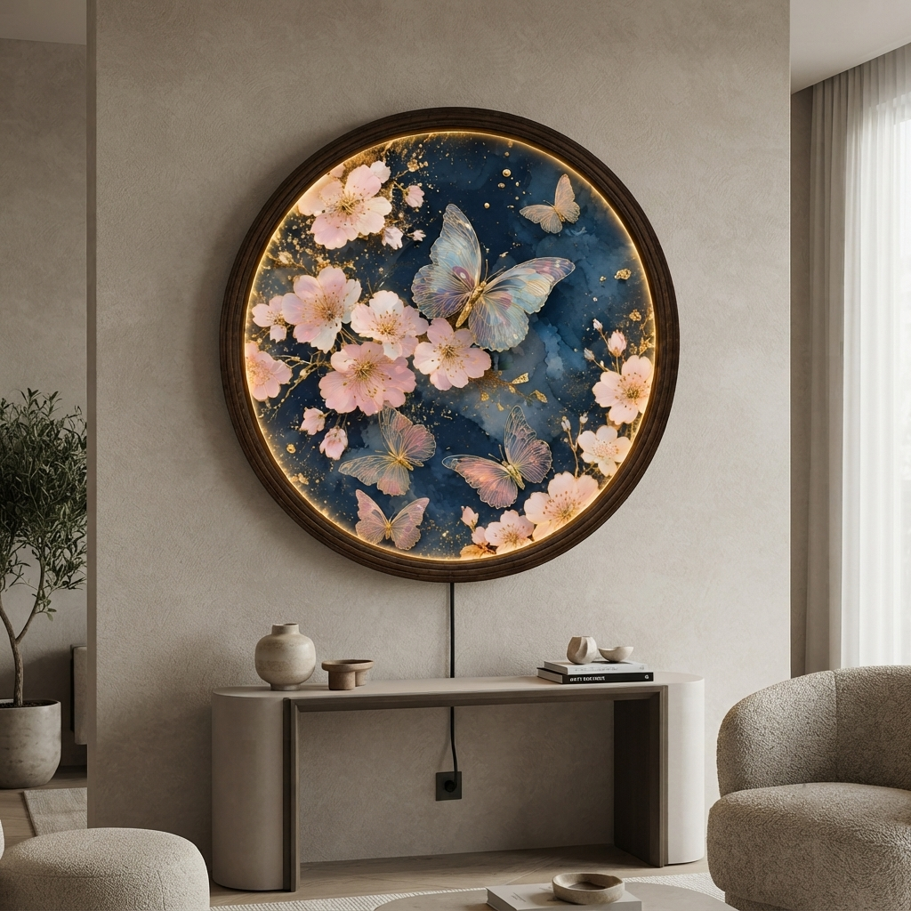 Round Butterfly & Cherry Blossom LED Wall Art – Illuminated Floral Wall Decor