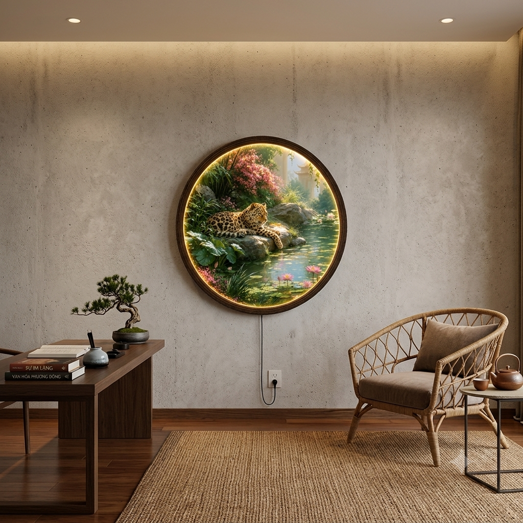 LED Illuminated Round Wall Art – Oriental Leopard & Lotus Garden Canvas Decor