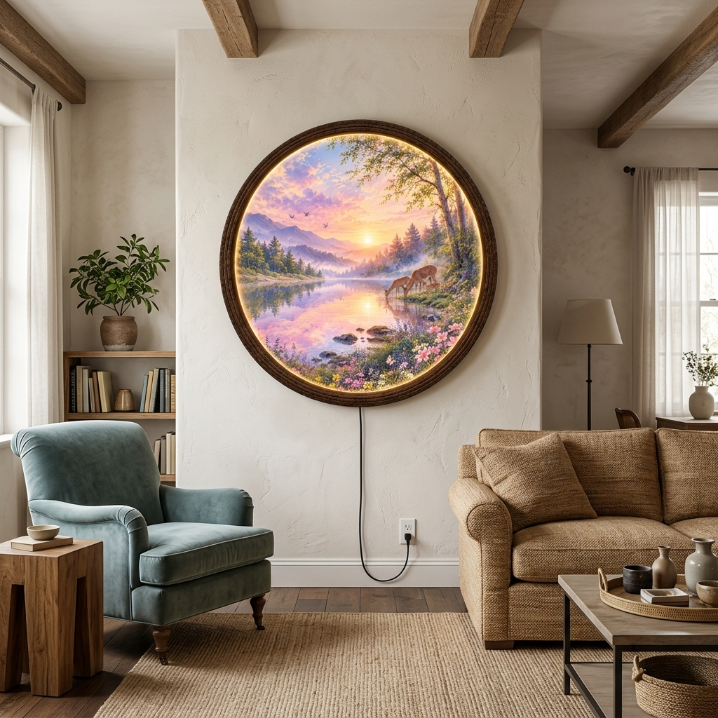 Illuminated Mountain Lake Wall Art – Rustic Nature LED Round Wall Decor