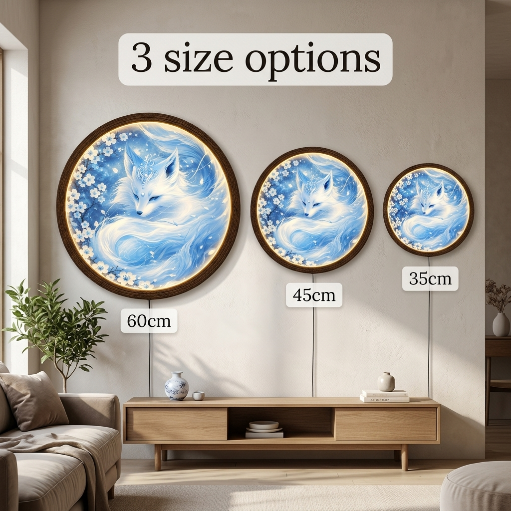 Glowing Blue Fox LED Wall Lamp, Round Japanese Fantasy Wall Art, Illuminated Home Decor with Wooden Frame