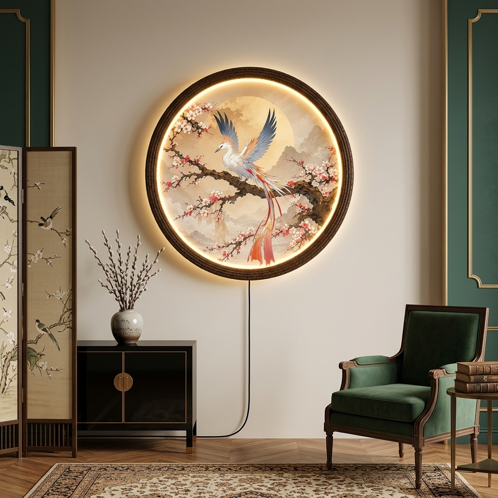 Luminous Phoenix & Cherry Blossom LED Round Wall Art – Oriental Illuminated Home Decor