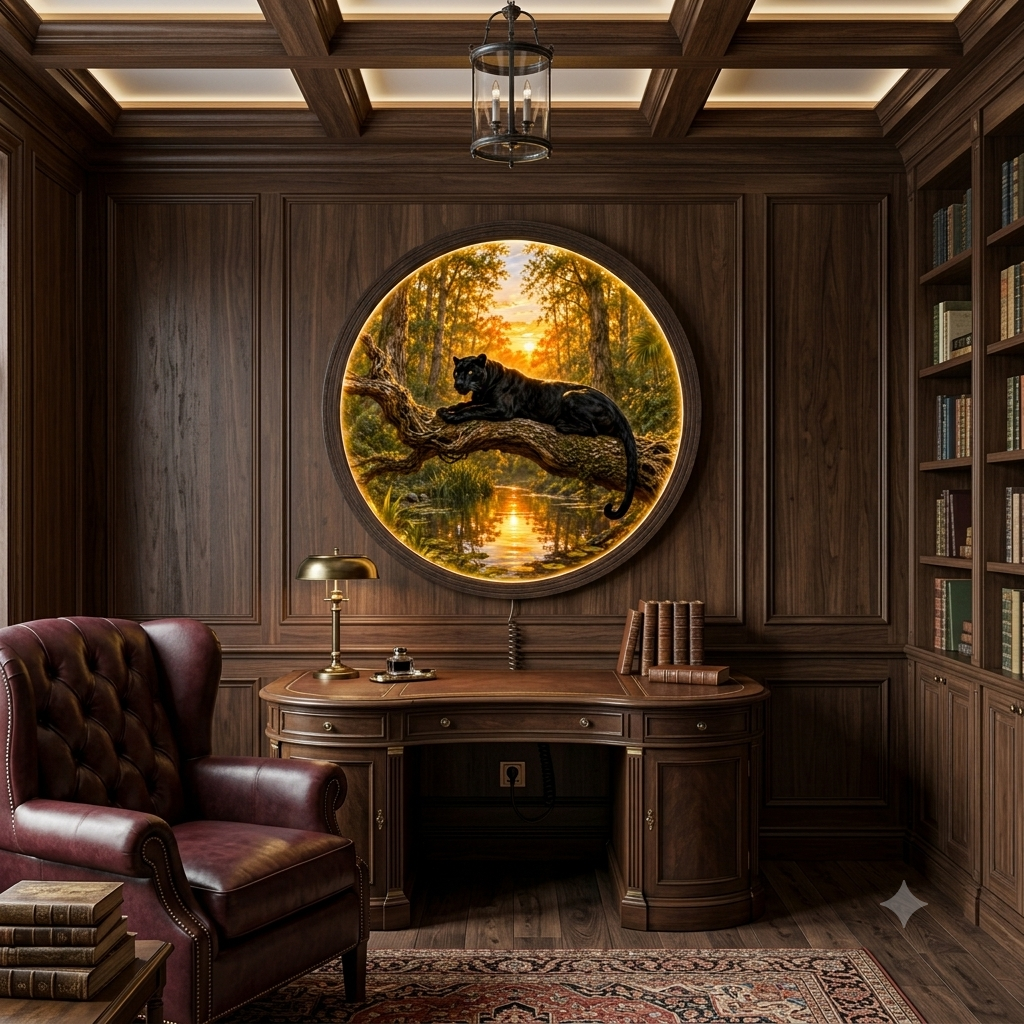 Illuminated Round Black Panther Wall Art - Sunset River Scene, Dimmable LED, Premium Wood Frame