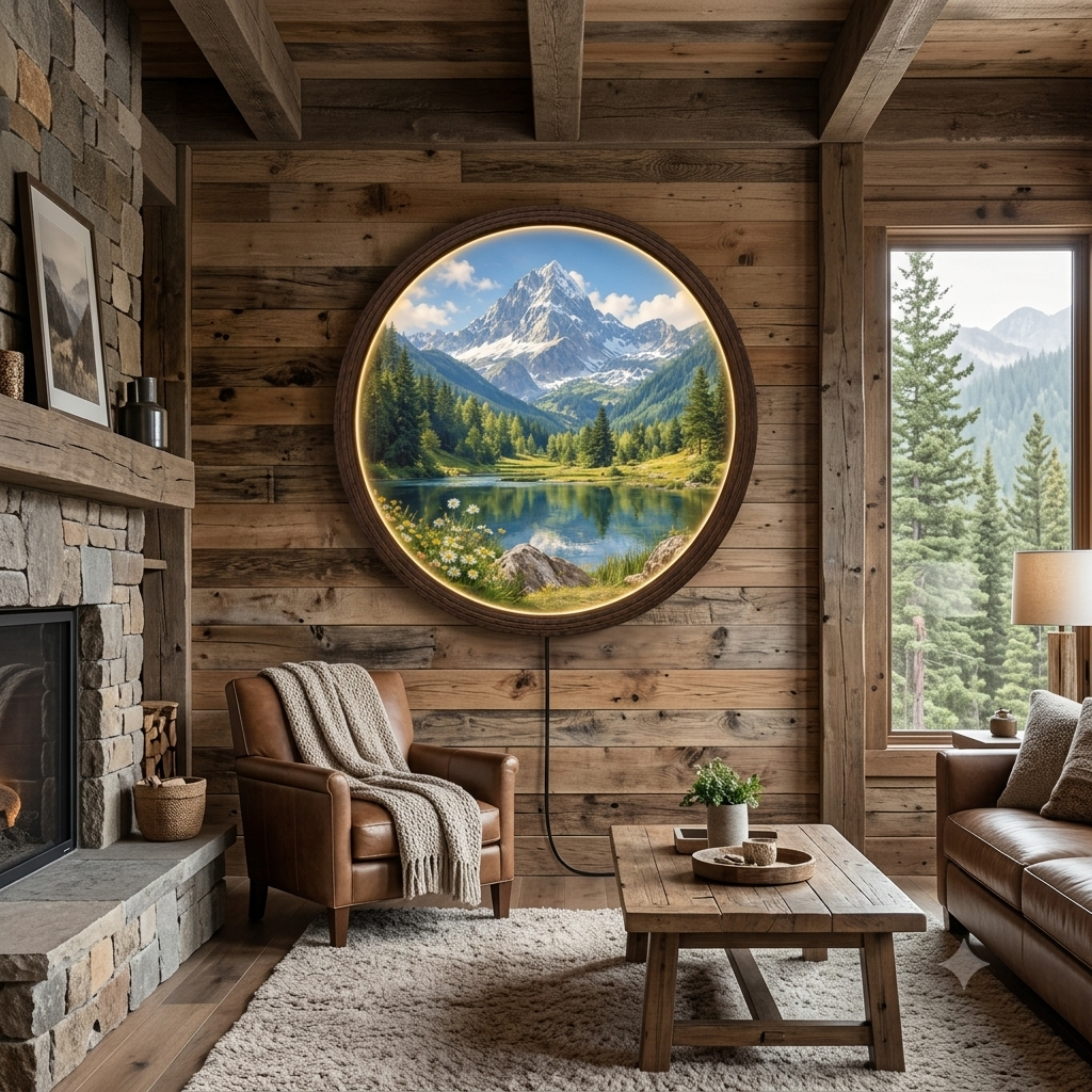 Mountain Lake LED Wall Art – Round Wooden Frame | Illuminated Nature Wall Decor