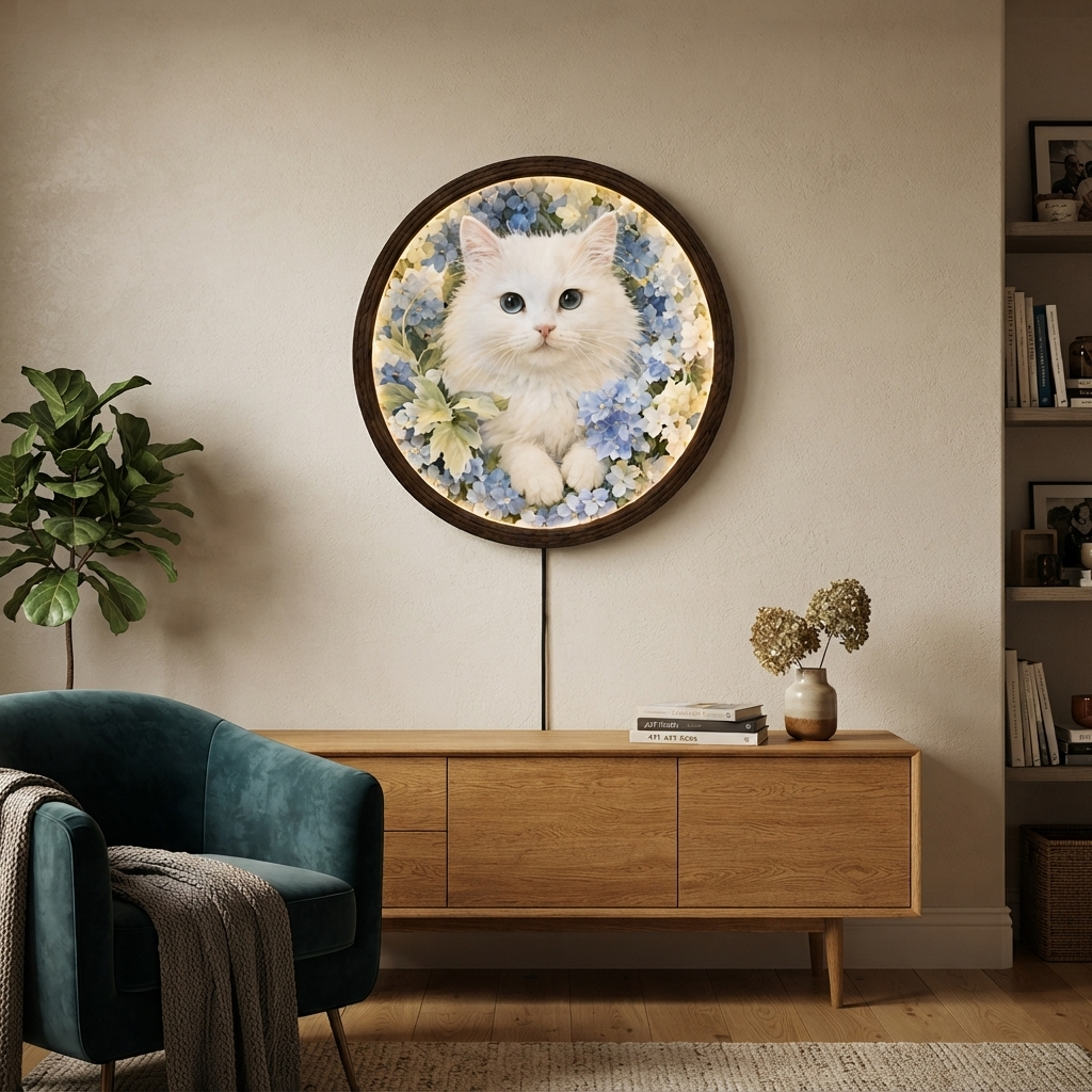 White Cat LED Round Wall Art – Blue Floral Illuminated Home Decor