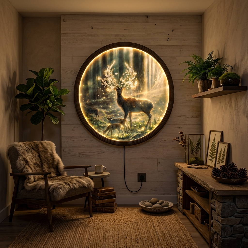 Round LED Deer Forest Wall Art – Illuminated Woodland Animal Wall Decor