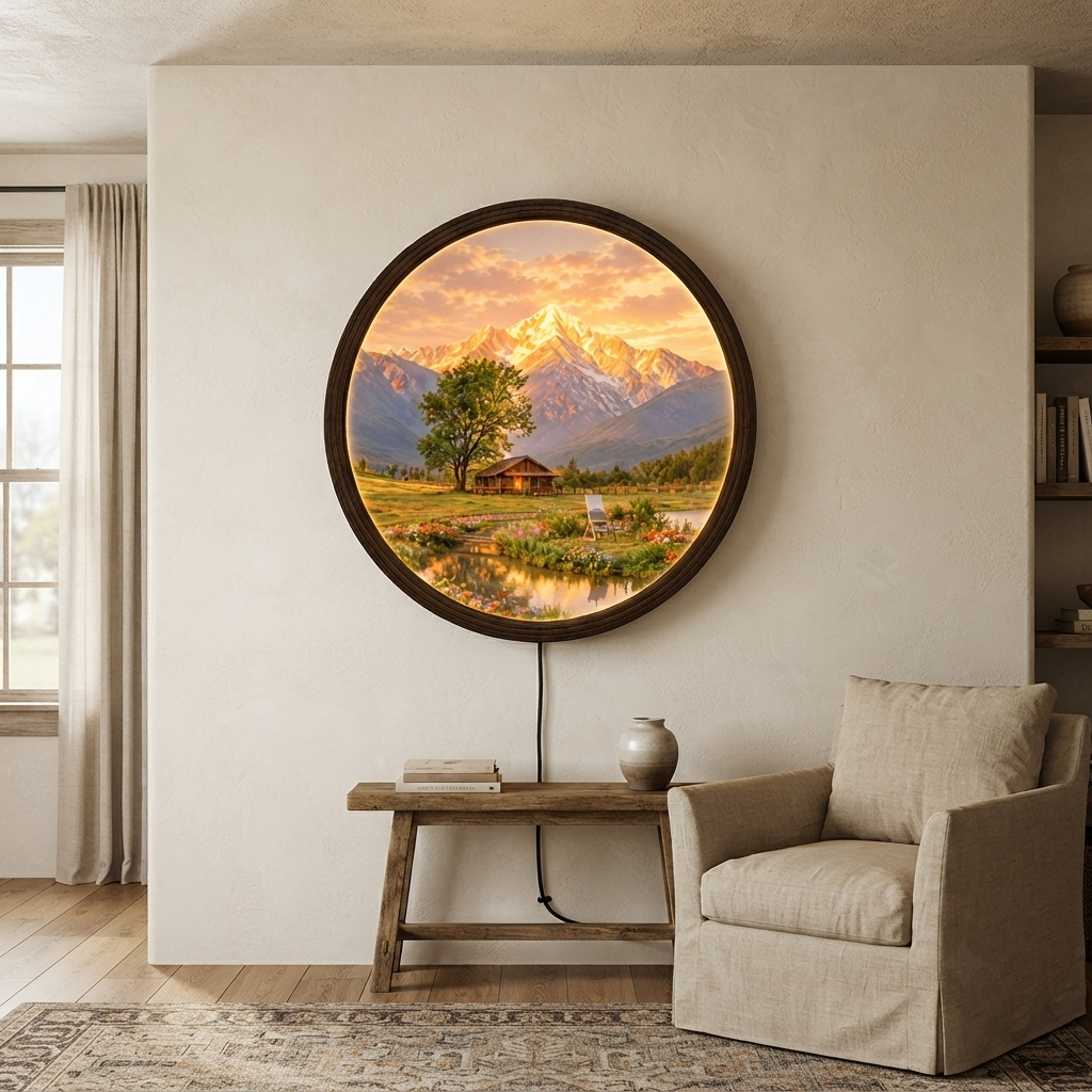 Round Mountain Landscape LED Wall Art – Illuminated Scenic Home Decor
