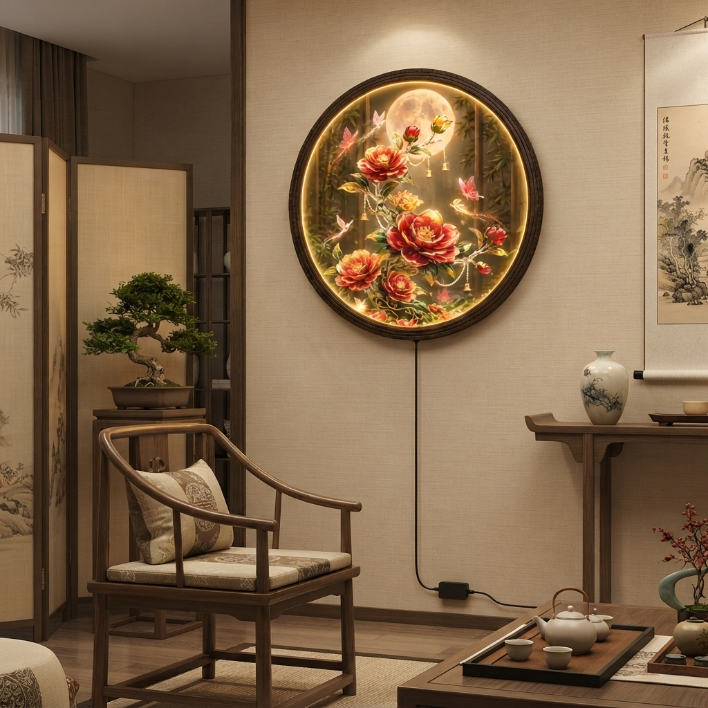Round LED Wall Lamp with Red Floral Art, Moonlight Design, Wooden Frame, Modern Decorative Wall Light