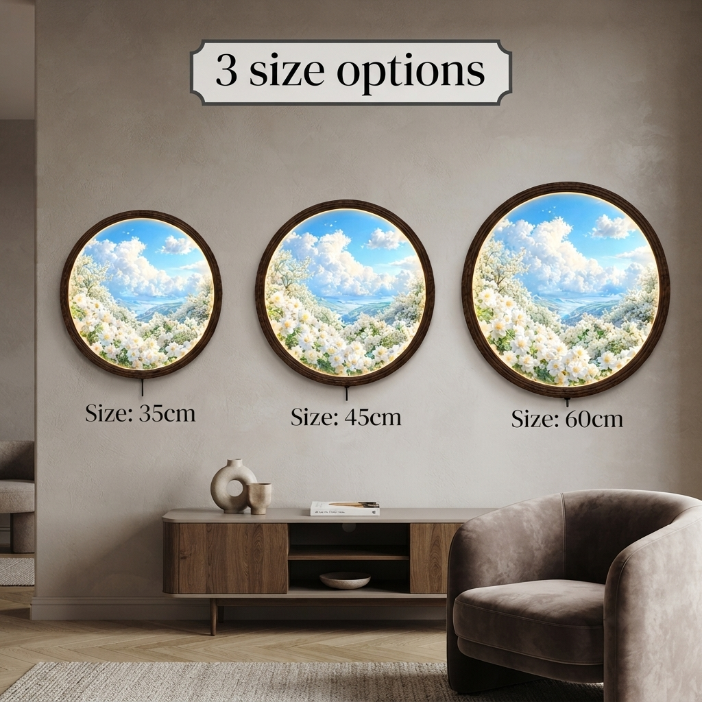 Illuminated Round Floral Wall Art – LED Wooden Frame Home Decor
