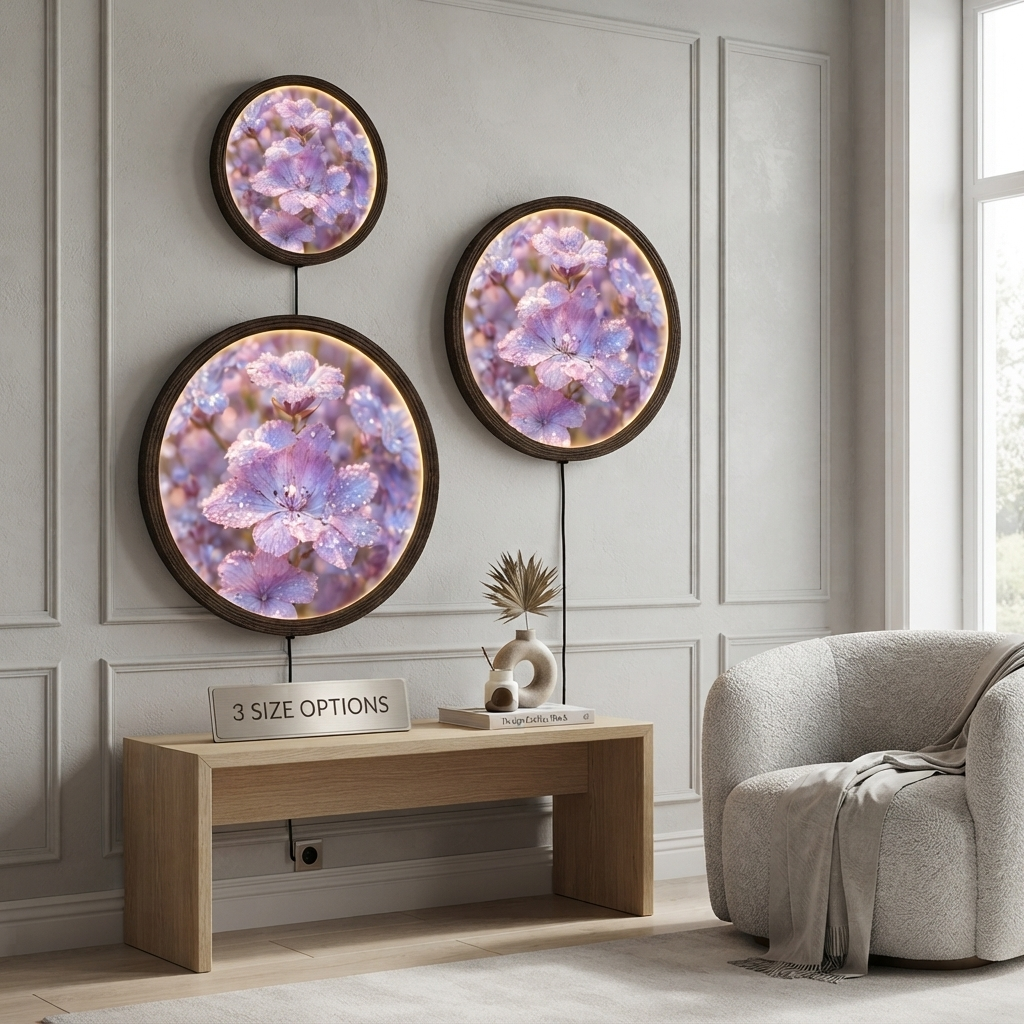 Lavender Dew Floral LED Wall Art – Round Illuminated Flower Wall Decor