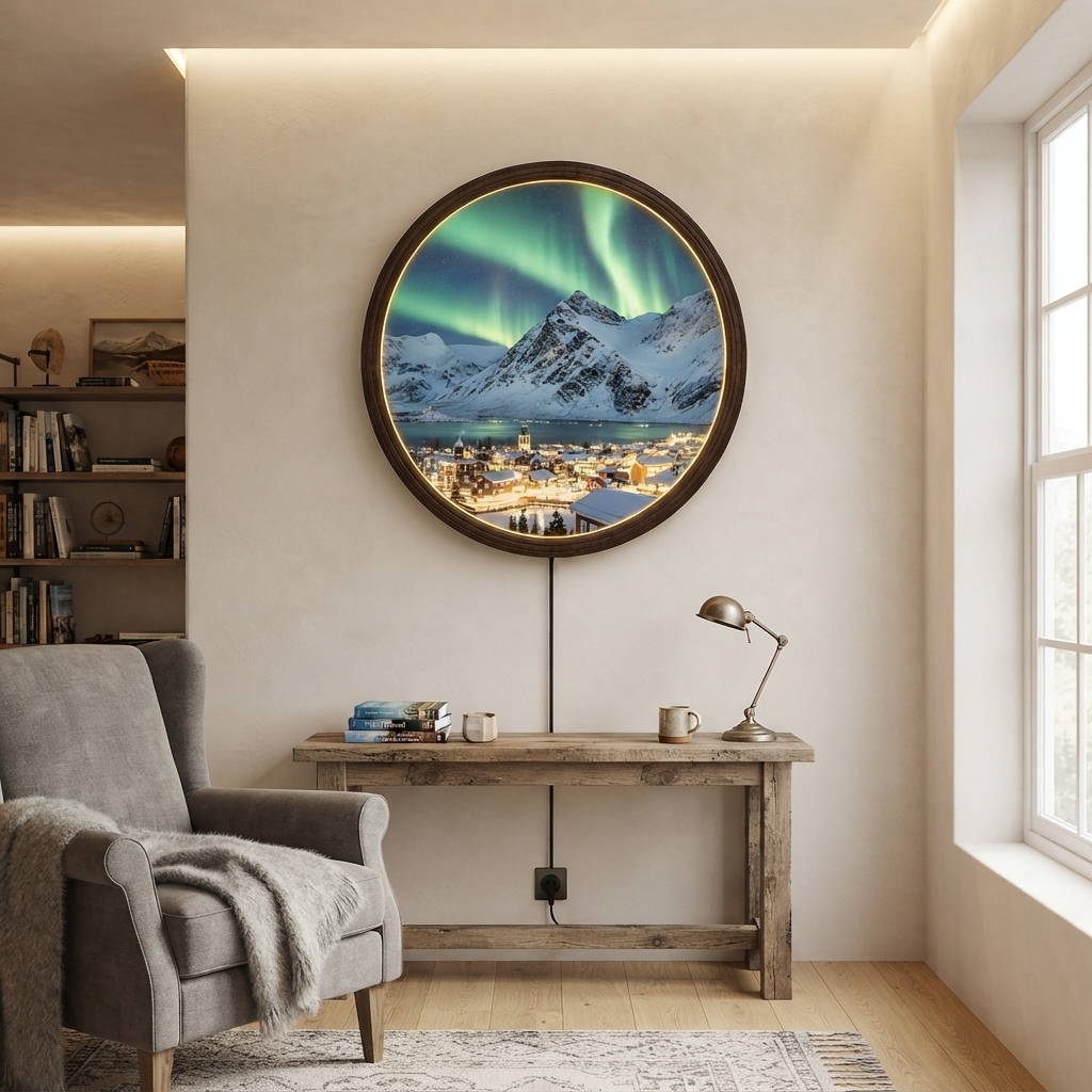 Northern Lights Mountain Village Embroidered Patch, Snowy Landscape Scenic Embroidery Patch, Aurora Borealis Outdoor Adventure Patch