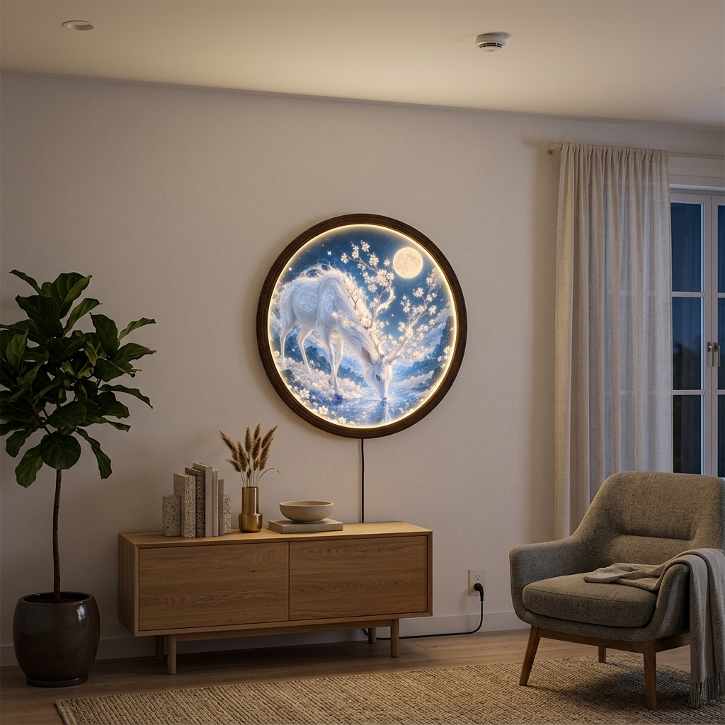 White Deer Moonlight LED Round Wall Lamp, Cherry Blossom & Moon Fantasy Wall Art, Wooden Frame Decorative Light for Bedroom and Living Room