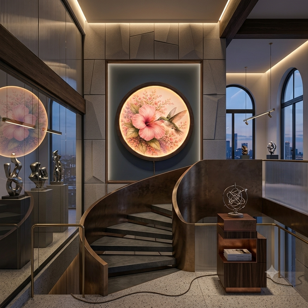 Hummingbird & Pink Hibiscus Illuminated Round Wall Art – LED Backlit Floral Wooden Frame Home Decor