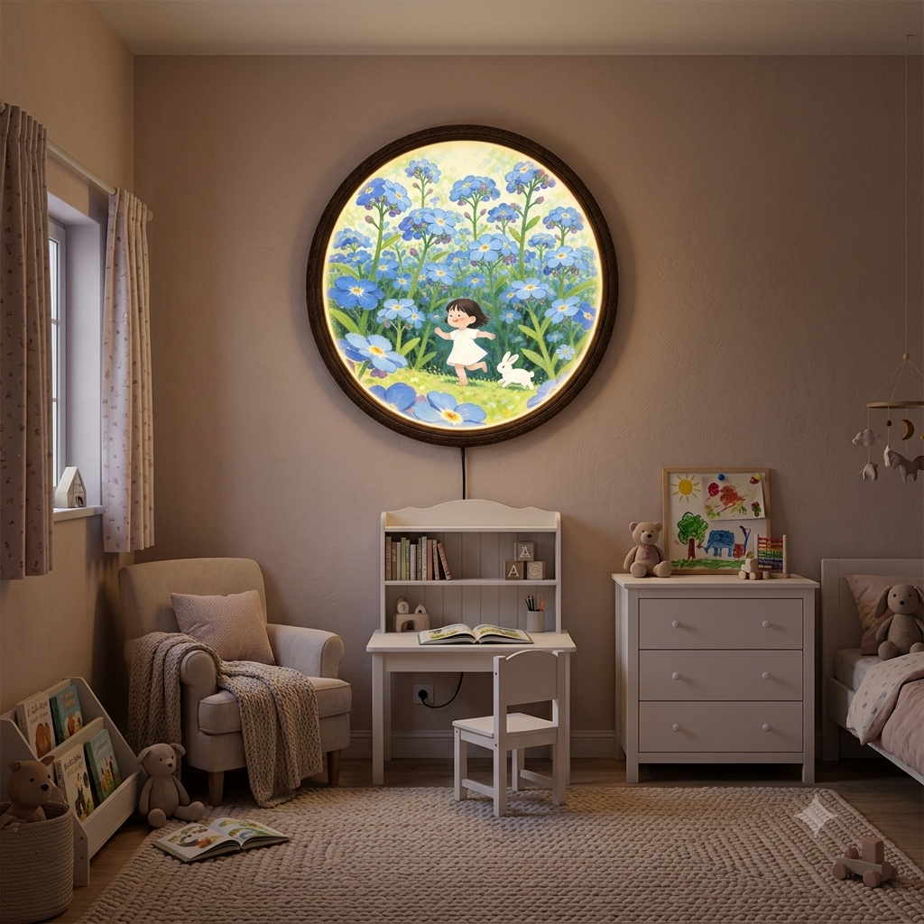 Blue Wildflower Girl & Bunny Round LED Wall Art – Whimsical Illuminated Home Decor