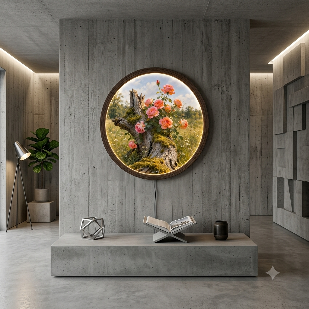 Circular Pink Rose Tree Stump LED Wall Art | Glowing Nature Floral Wooden Frame Wall Decor