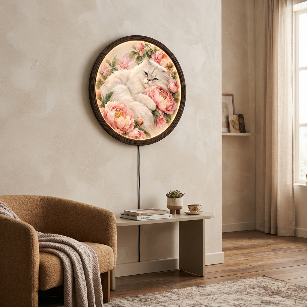 Persian Cat & Peony LED Round Wall Art – Illuminated Floral Home Decor