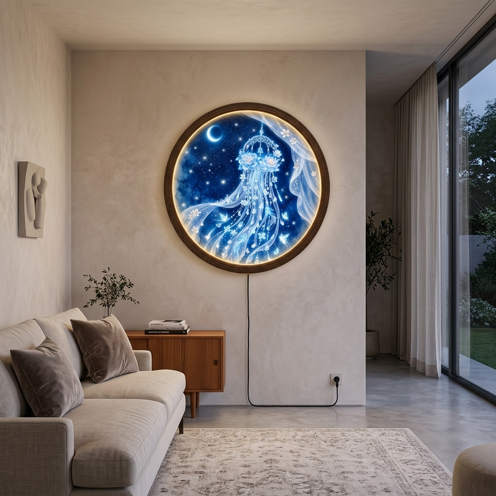 Celestial Dreamcatcher LED Wall Art, Round Illuminated Moon and Floral Wall Decor