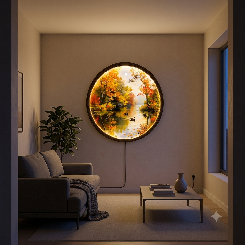 Illuminated Autumn Lake Round Canvas Wall Art with LED Backlight