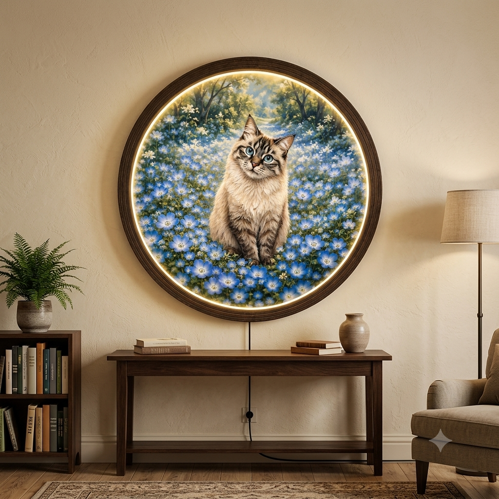 Cozy Cat in Blue Flower Field LED Wall Art Light - Round Wooden Framed Night Light Sign for Home & Bedroom Decor