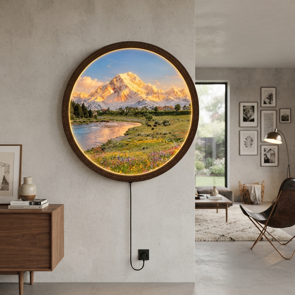 Mountain Landscape LED Wall Art – Round Illuminated Scenic Home Decor