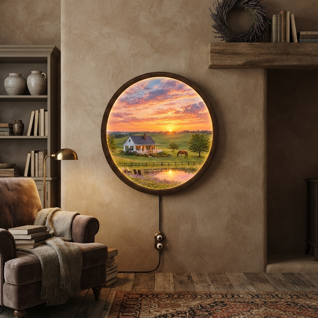 Sunset Countryside LED Wall Art – Rustic Farmhouse Landscape Round Wall Decor