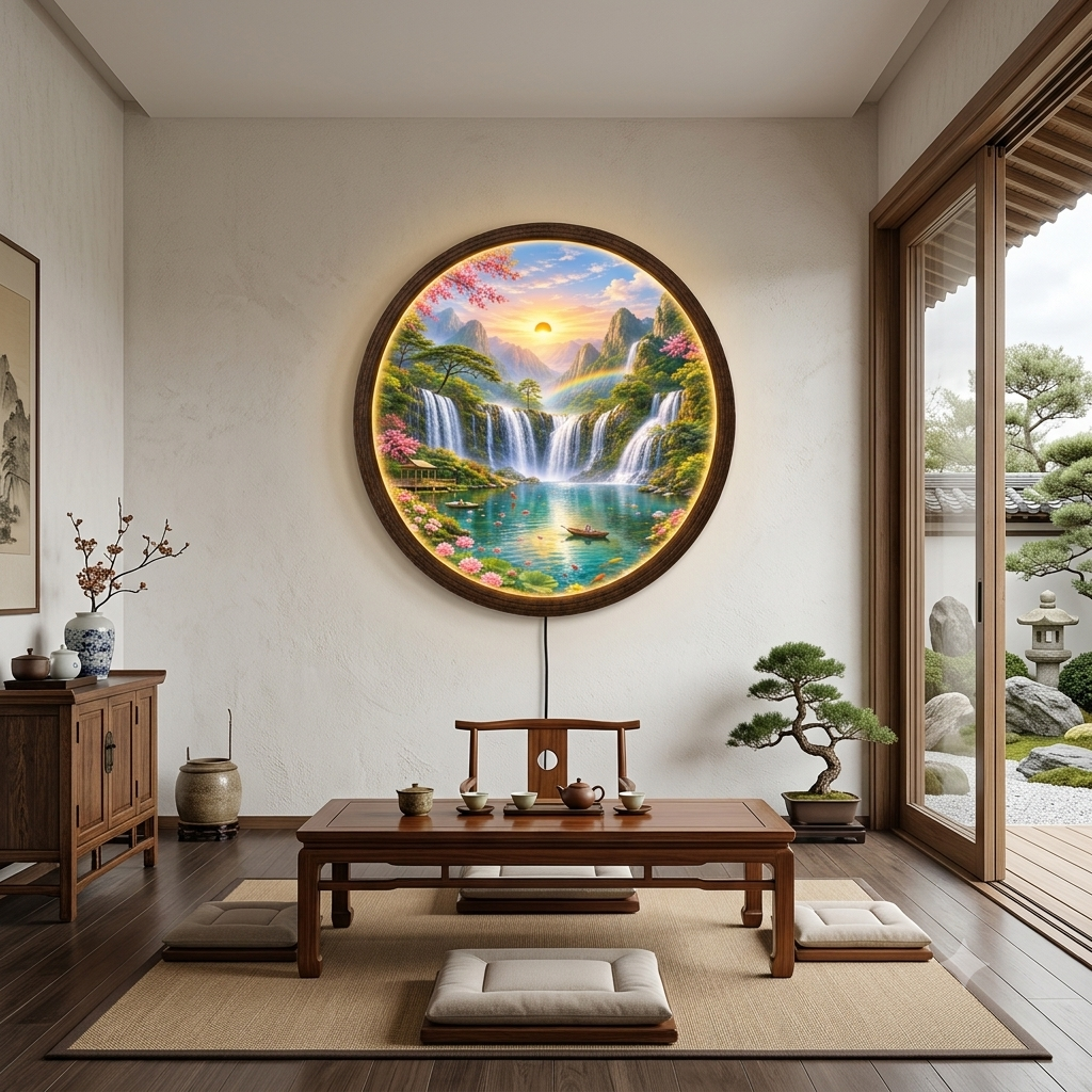 Tranquil Waterfall Landscape LED Wall Art – Round Illuminated Home Decor