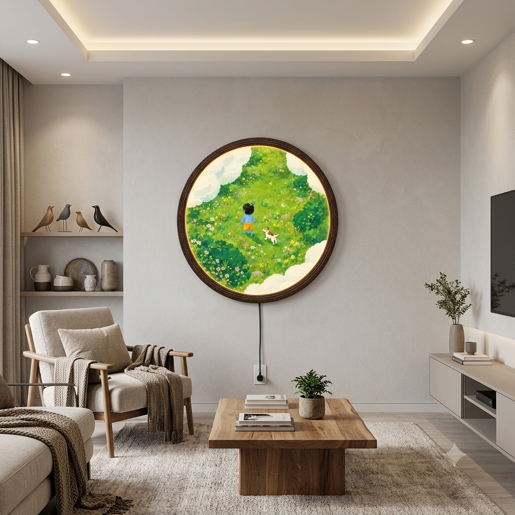 Whimsical Forest Boy & Dog LED Round Wall Art – Illuminated Nature Wall Decor