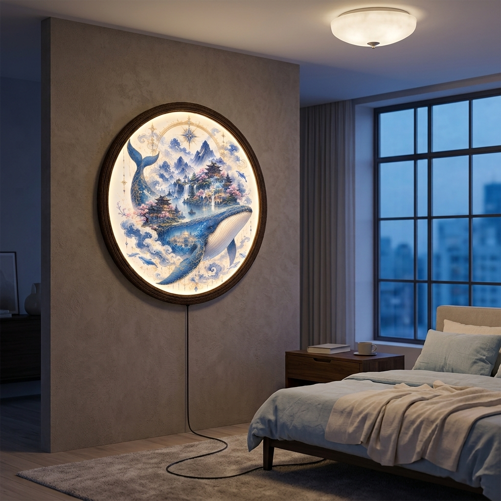 Fantasy Blue Whale LED Wall Art – Illuminated Ocean Dreamscape Round Wall Decor