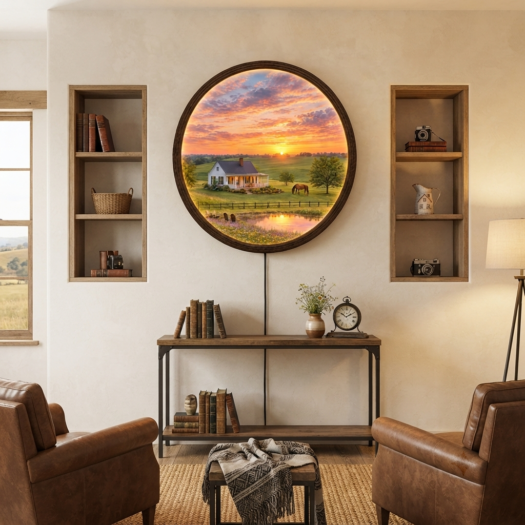 Sunset Countryside LED Wall Art – Rustic Farmhouse Landscape Round Wall Decor