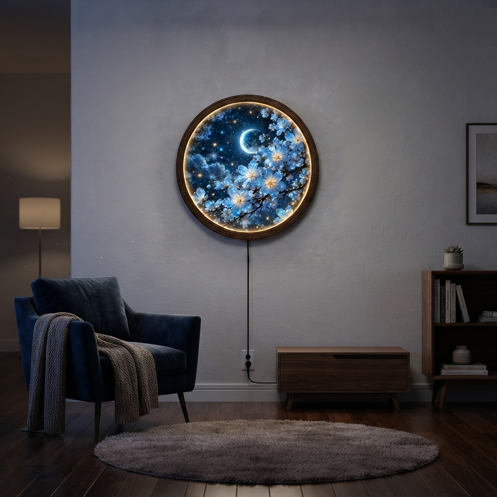 Moonlit Blue Blossom LED Round Wall Art – Illuminated Floral Home Decor