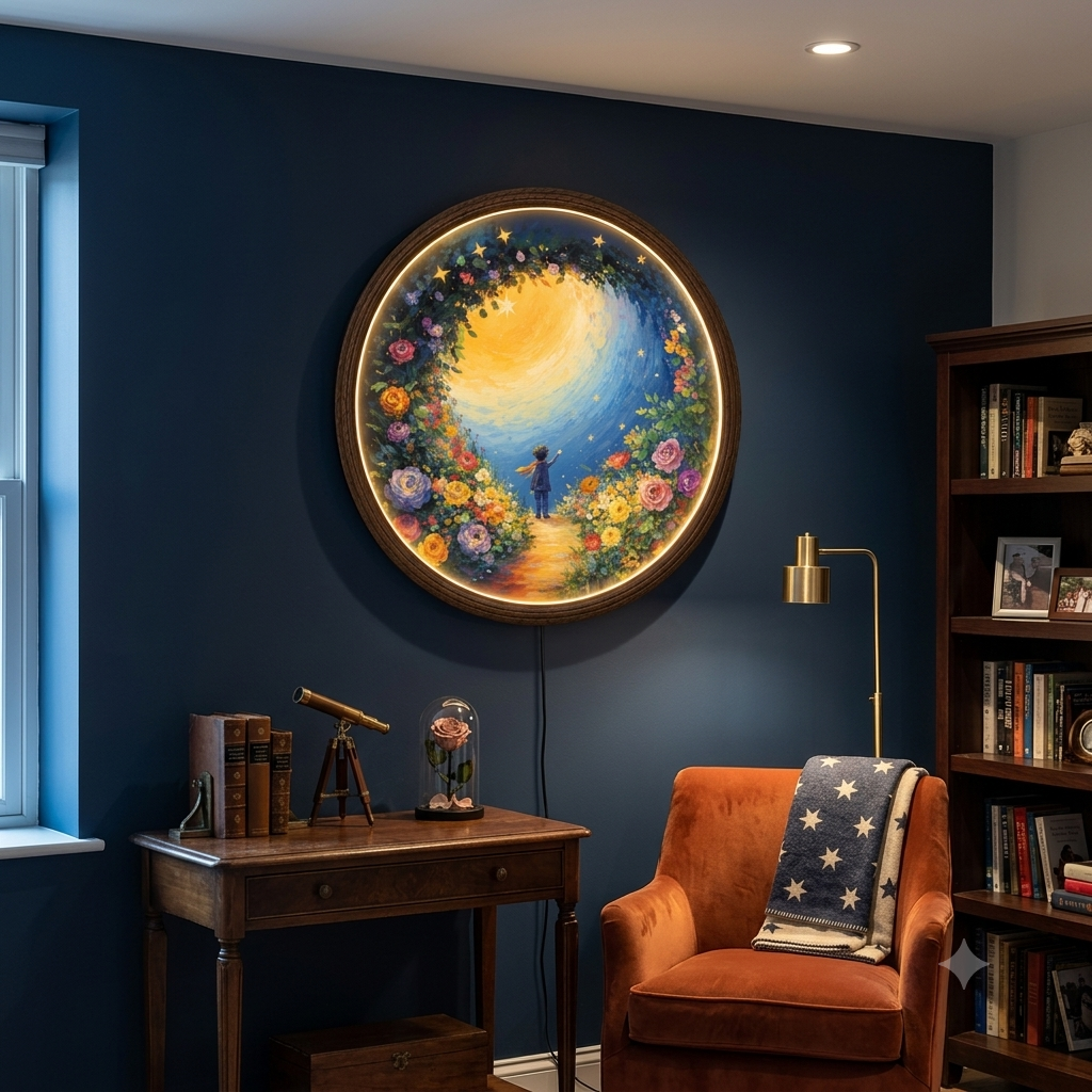 Floral Moon Garden Round LED Wall Art Lamp – Illuminated Wall Decor
