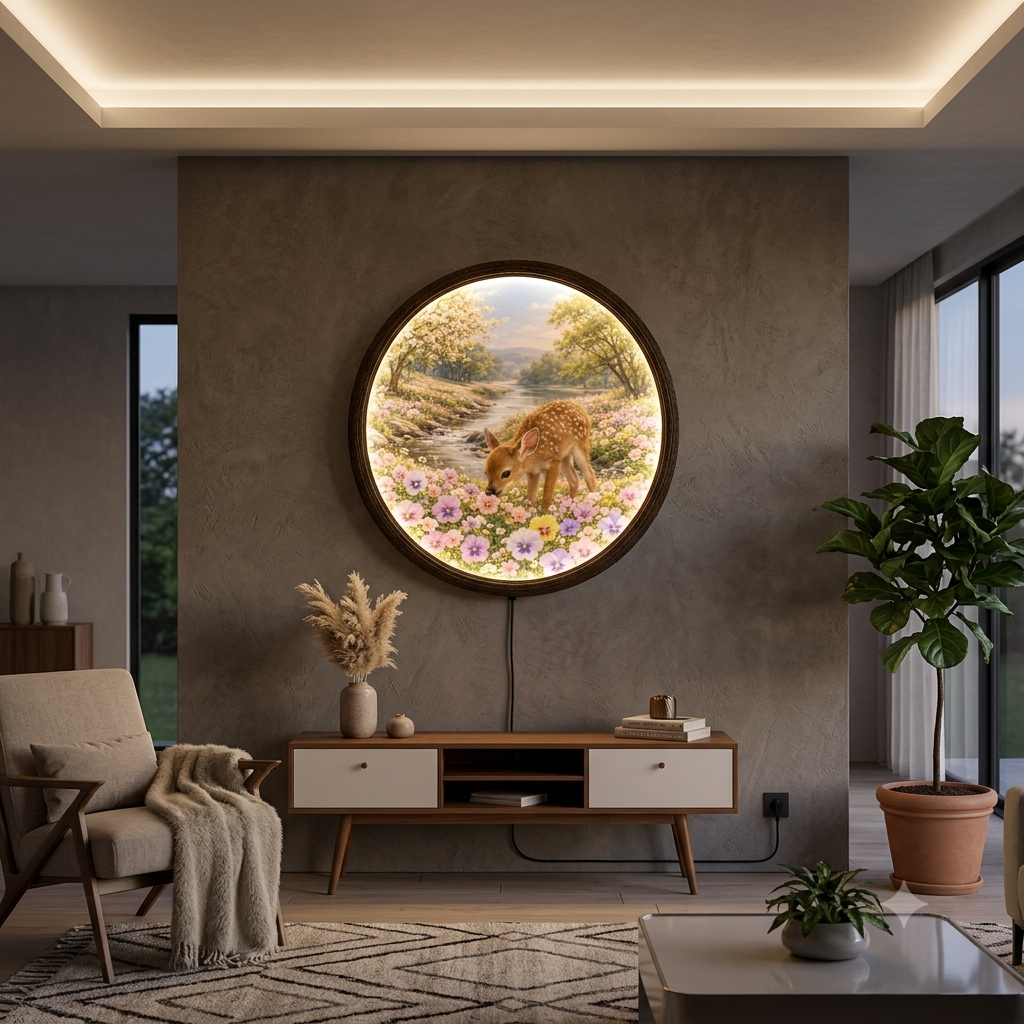 Enchanted Deer & Wildflower LED Wall Art – Round Nature-Inspired Home Decor