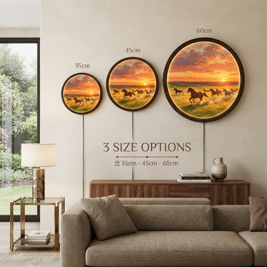 Sunset Running Horses LED Wall Art – Round Illuminated Home Decor