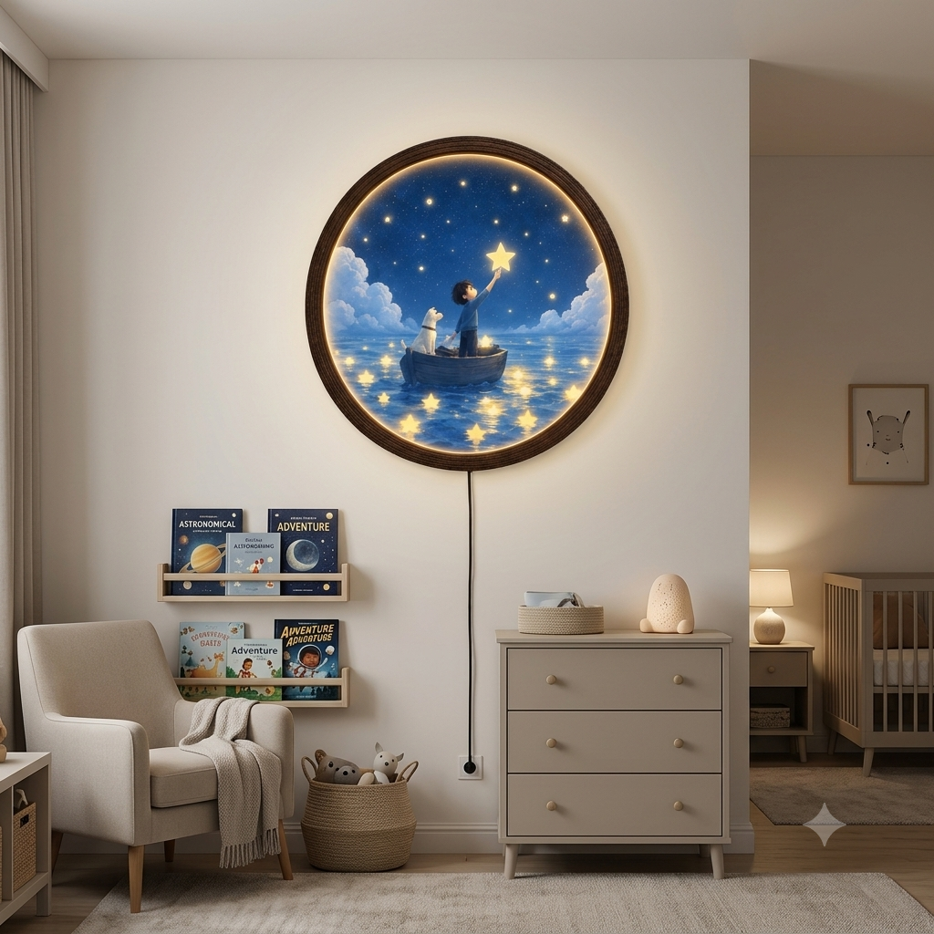 Whimsical Boy & Dog Starry Night LED Wall Art – Round Illuminated Home Decor