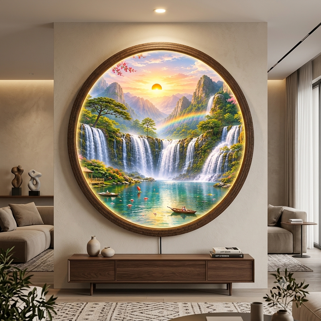 Tranquil Waterfall Landscape LED Wall Art – Round Illuminated Home Decor