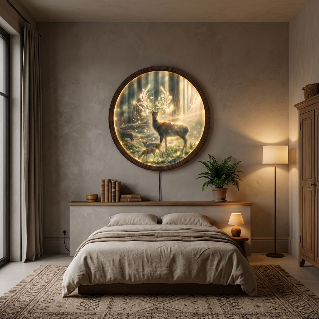 Round LED Deer Forest Wall Art – Illuminated Woodland Animal Wall Decor