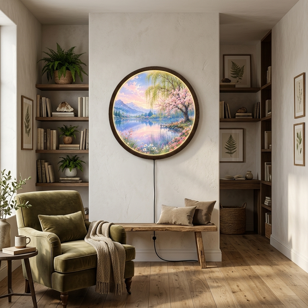 Round Cherry Blossom Lake LED Wall Art – Japanese Landscape Illuminated Wall Decor