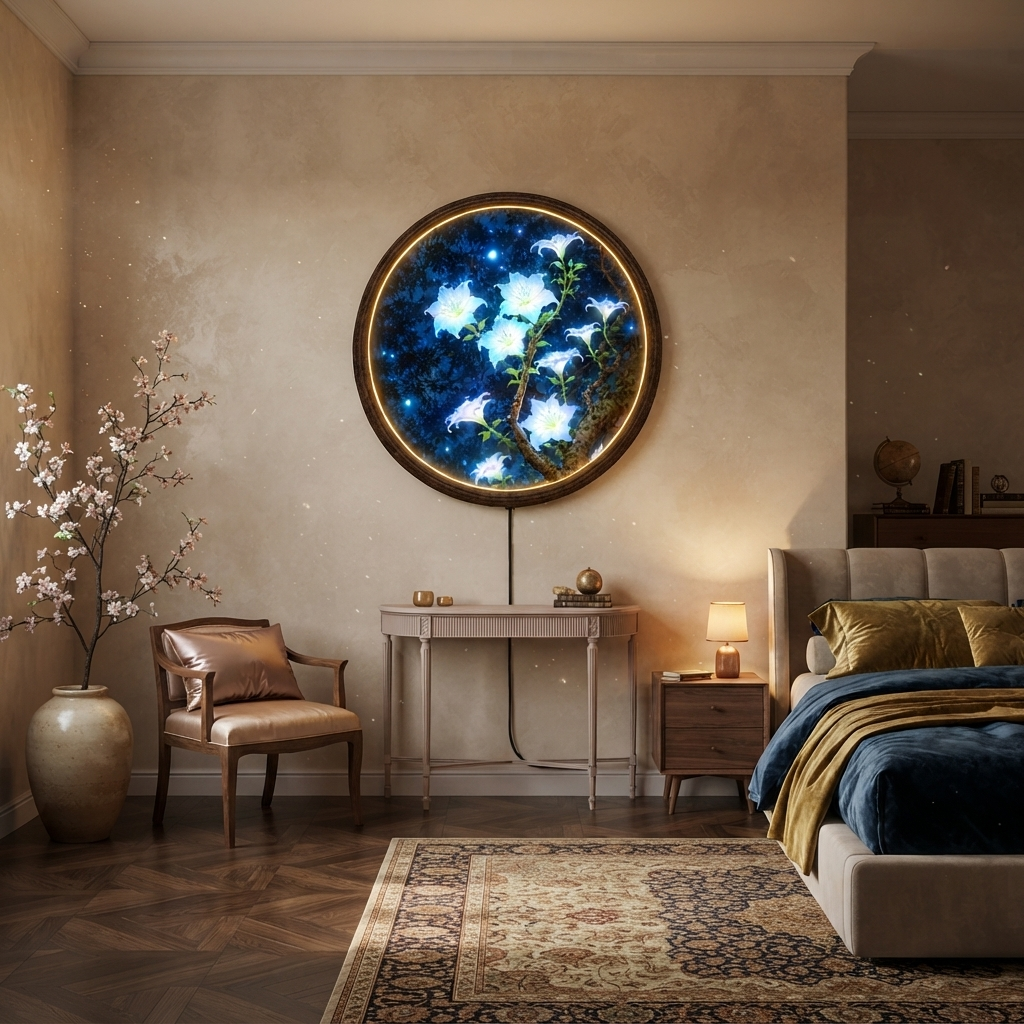 Luminous Moonlit Blossom LED Round Wall Art – Botanical Lighted Wall Decor