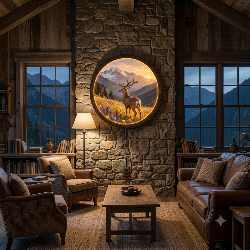 Rustic Deer Mountain LED Wall Art – Round Illuminated Wildlife Wall Decor