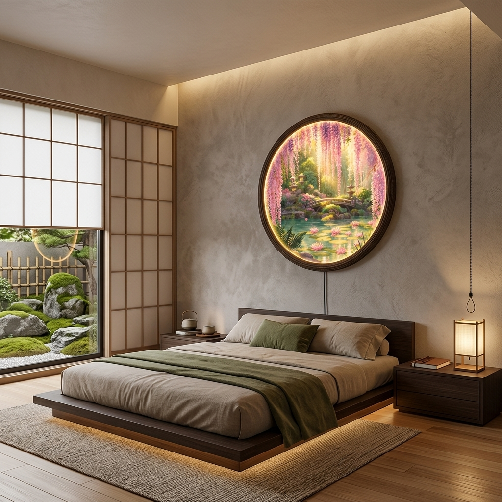 Japanese Garden LED Wall Art – Round Illuminated Floral Wall Decor
