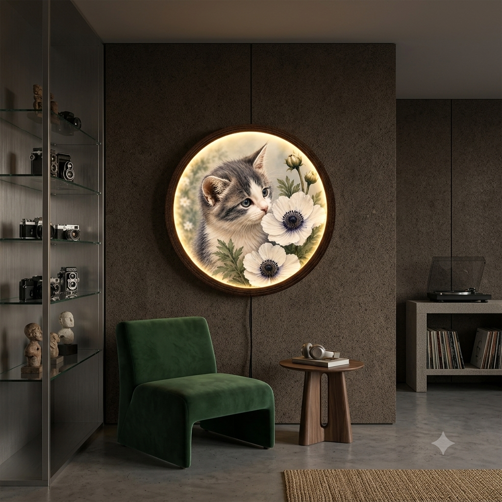 Floral Cat LED Wall Art – Whimsical Kitten & Anemone Lighted Round Wall Decor