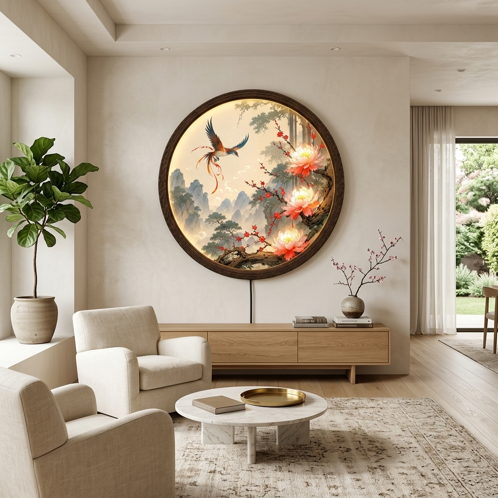 Illuminated Phoenix & Peony Round Wall Art – Oriental Landscape LED Light Box Wall Decor