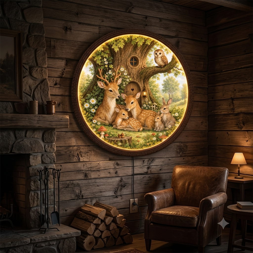 Enchanted Woodland Deer Family LED Wall Art – Round Illuminated Nature Decor