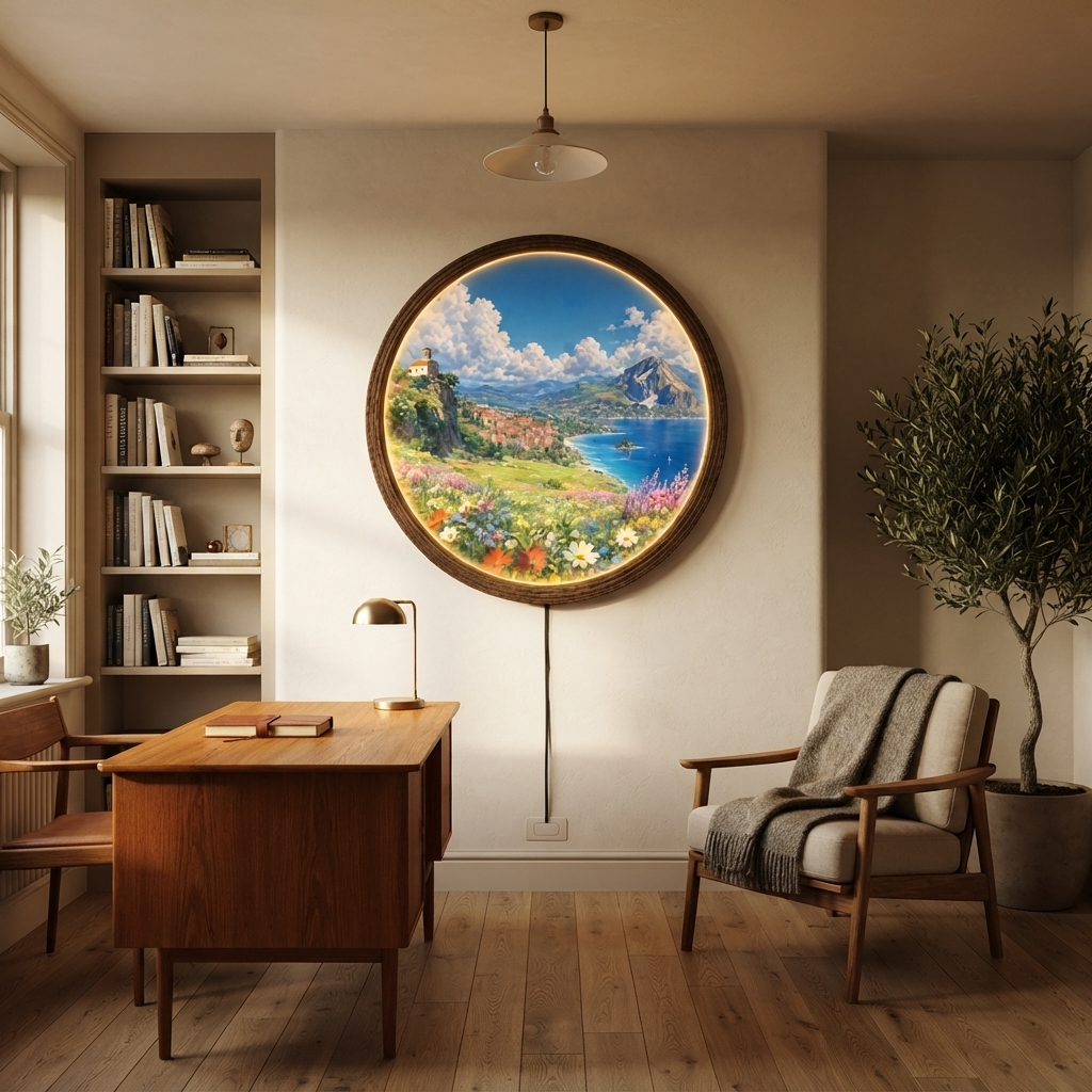Coastal Village Illuminated Round Wall Art – LED Lighted Landscape Wall Decor