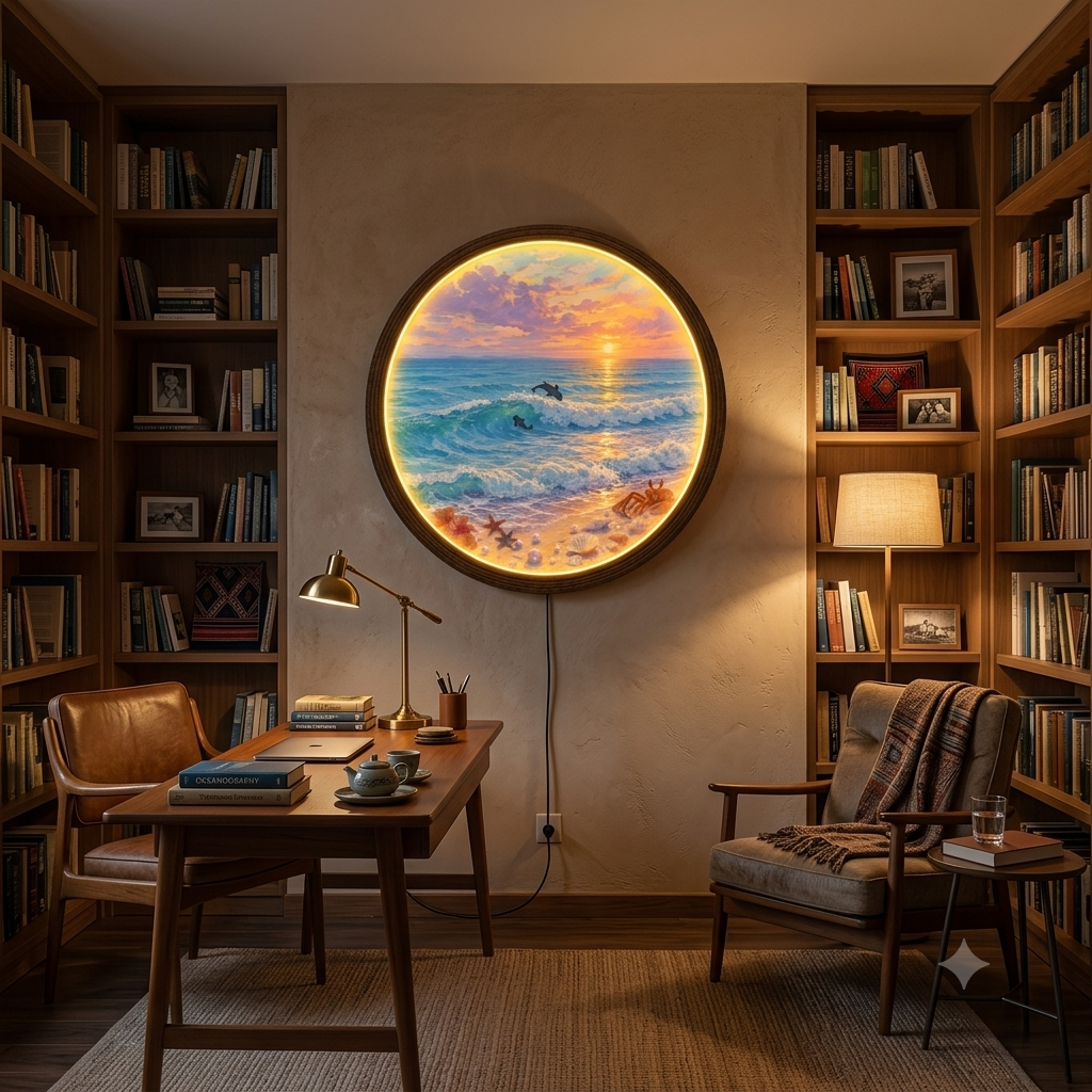Coastal Sunset LED Wall Art – Round Ocean Wall Decor with Dolphins & Sea Life
