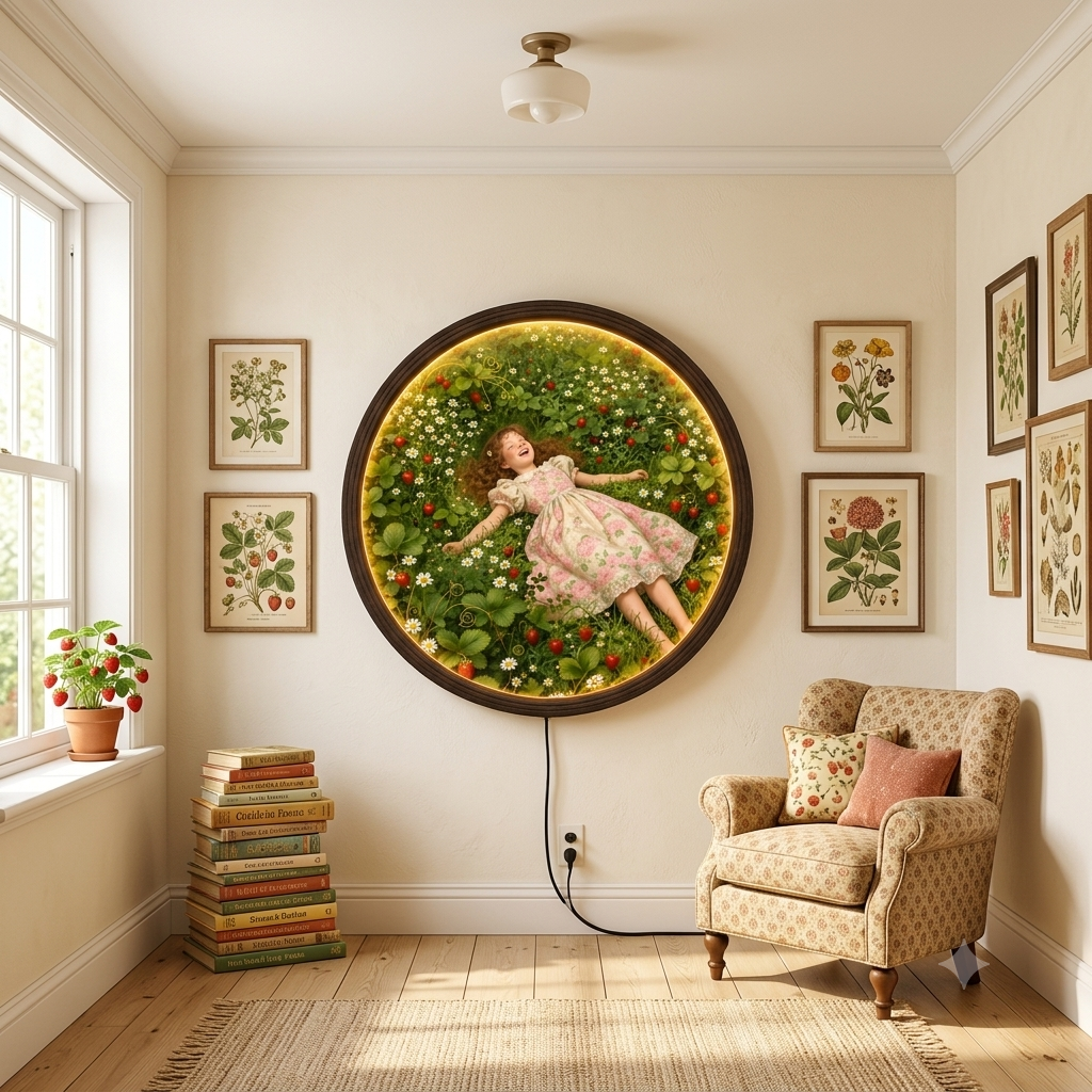 Enchanted Strawberry Garden LED Wall Art – Round Floral Lighted Wall Decor