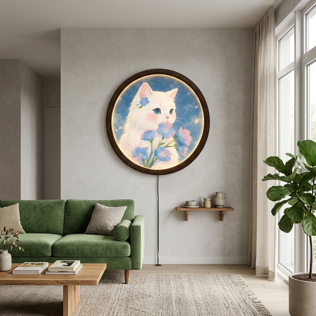 Whimsical White Cat & Blue Flowers LED Wall Art – Round Illuminated Wall Decor