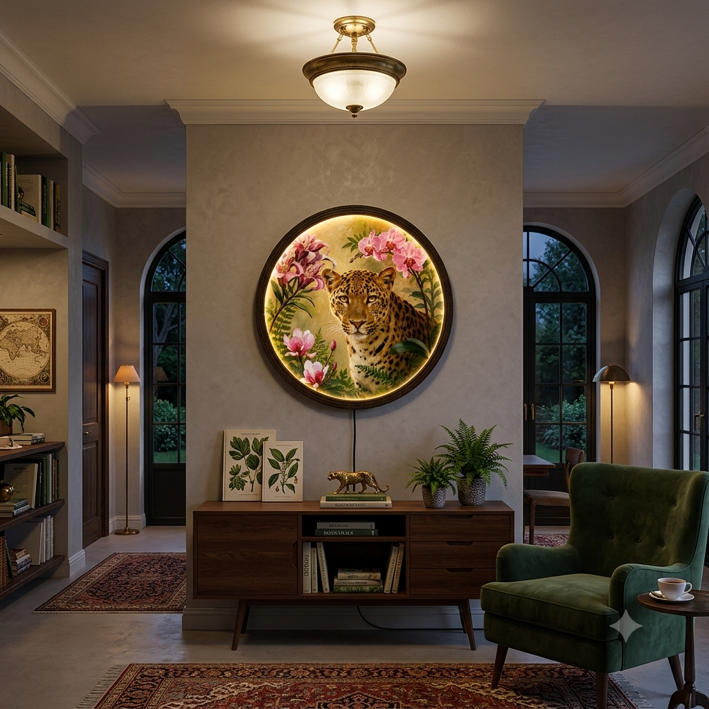 Illuminated Leopard & Floral Round Wooden Wall Art – LED Backlit Decor