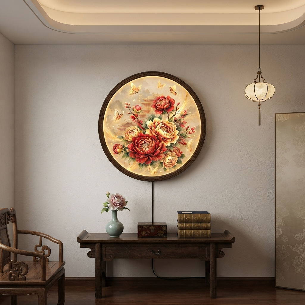Glowing Peony Flower LED Wall Lamp – Round Floral Lighted Wall Art for Elegant Home Decor