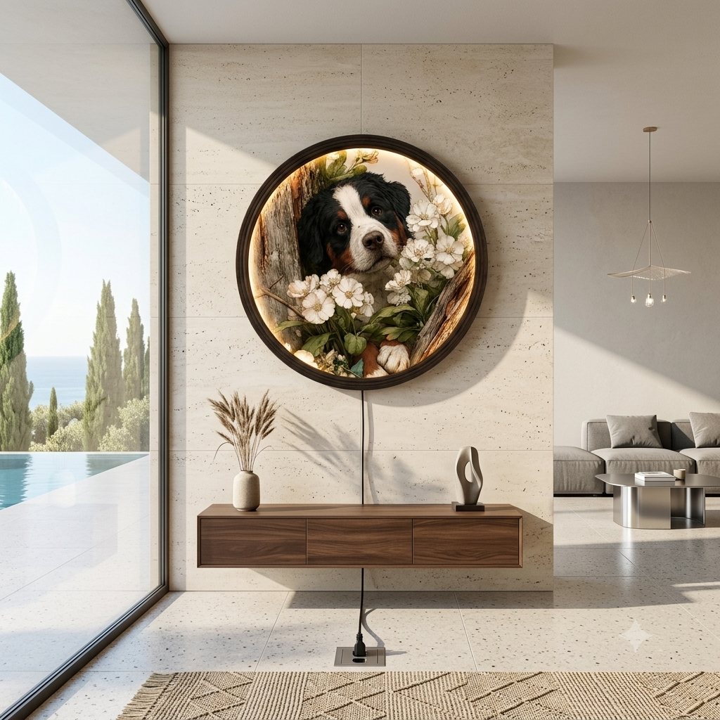 Bernese Mountain Dog LED Wall Art with White Flowers